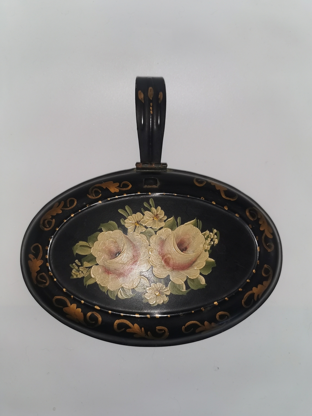 Antique Toleware Hand Painted Roses Handle Oval Silent Butler Crumb Catcher